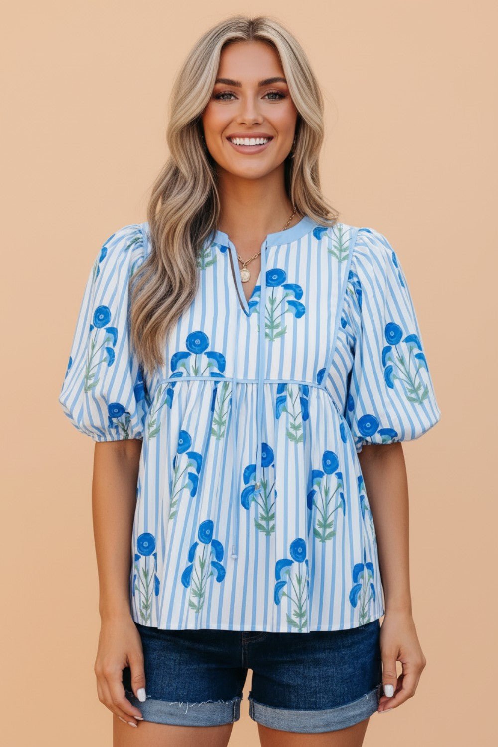 Floral Tie Neck Puff Sleeve Blouse - Rooted & Reckless Co.