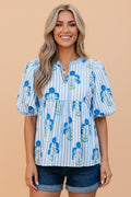 Floral Tie Neck Puff Sleeve Blouse - Rooted & Reckless Co.