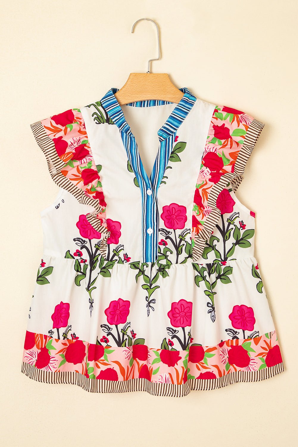 Floral Tie-Neck Stripe Detail Flutter Sleeve Blouse - Rooted & Reckless Co.