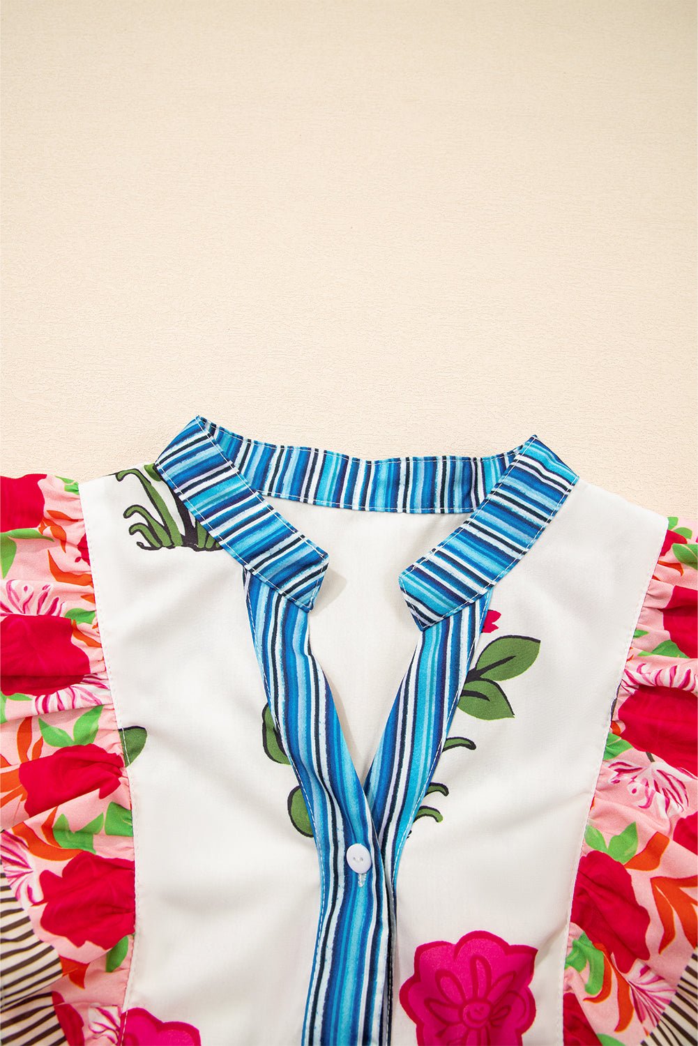 Floral Tie-Neck Stripe Detail Flutter Sleeve Blouse - Rooted & Reckless Co.