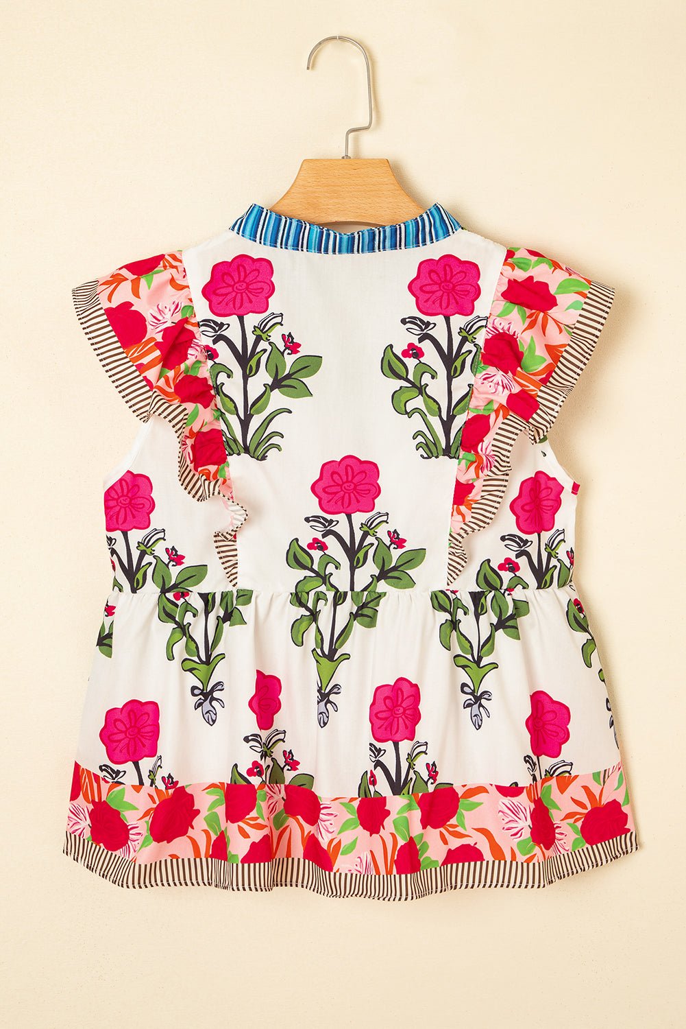 Floral Tie-Neck Stripe Detail Flutter Sleeve Blouse - Rooted & Reckless Co.