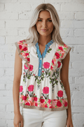 Floral Tie-Neck Stripe Detail Flutter Sleeve Blouse - Rooted & Reckless Co.