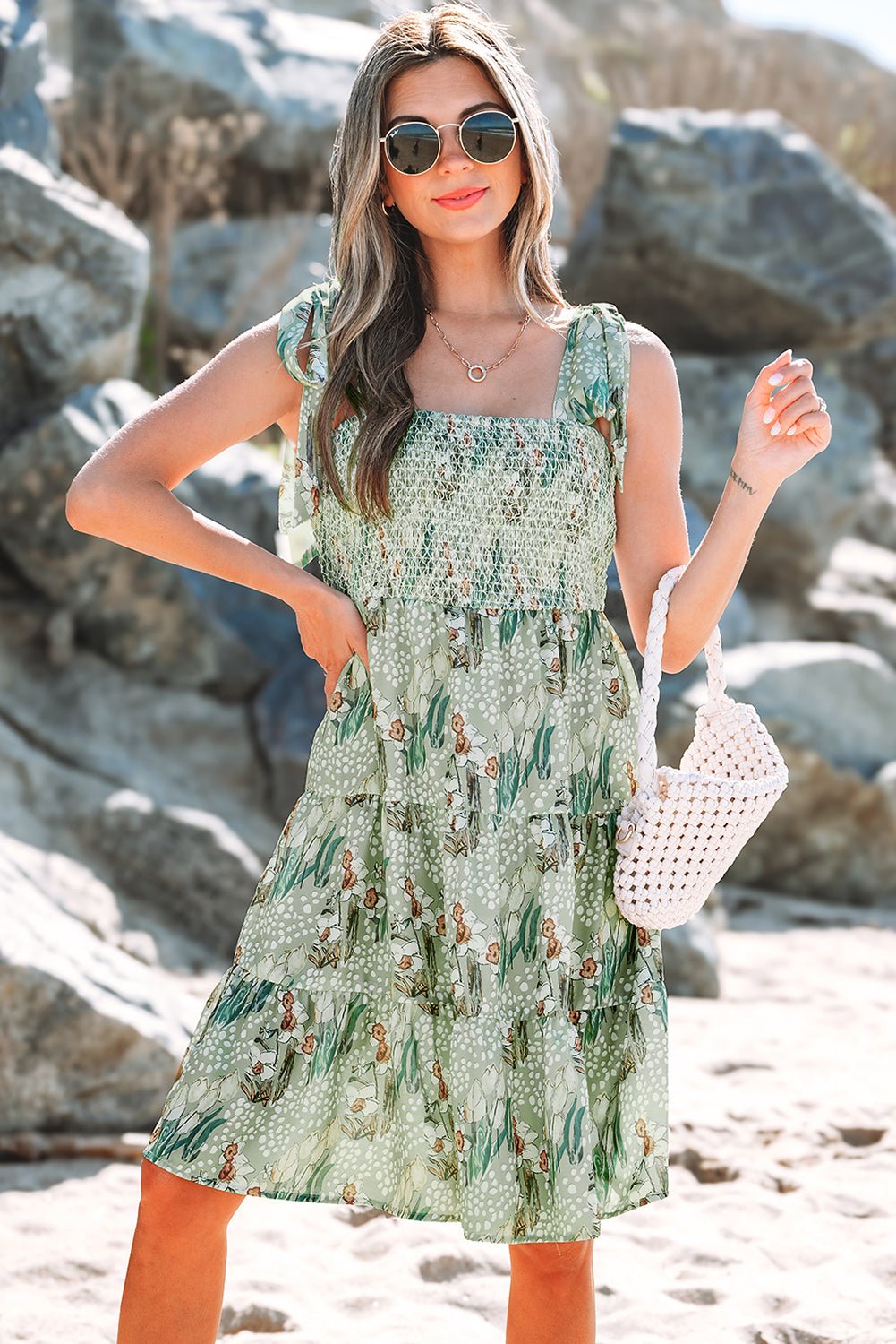 Floral Tie Straps Smocked Ruffle Tiered Dress - Rooted & Reckless Co.