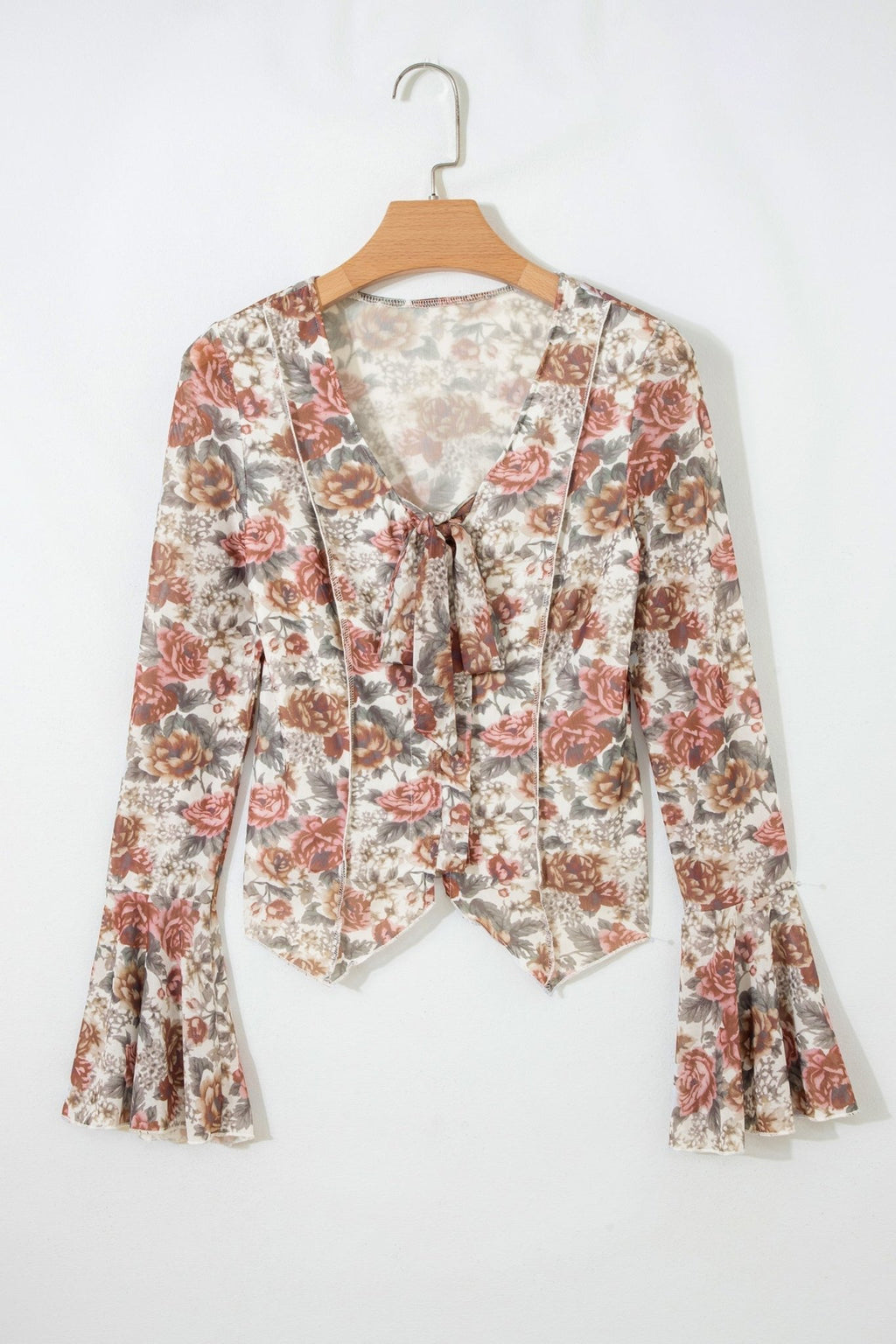 Floral Tie V-Neck Long Bell Sleeve Blouse - Rooted & Reckless Co.
