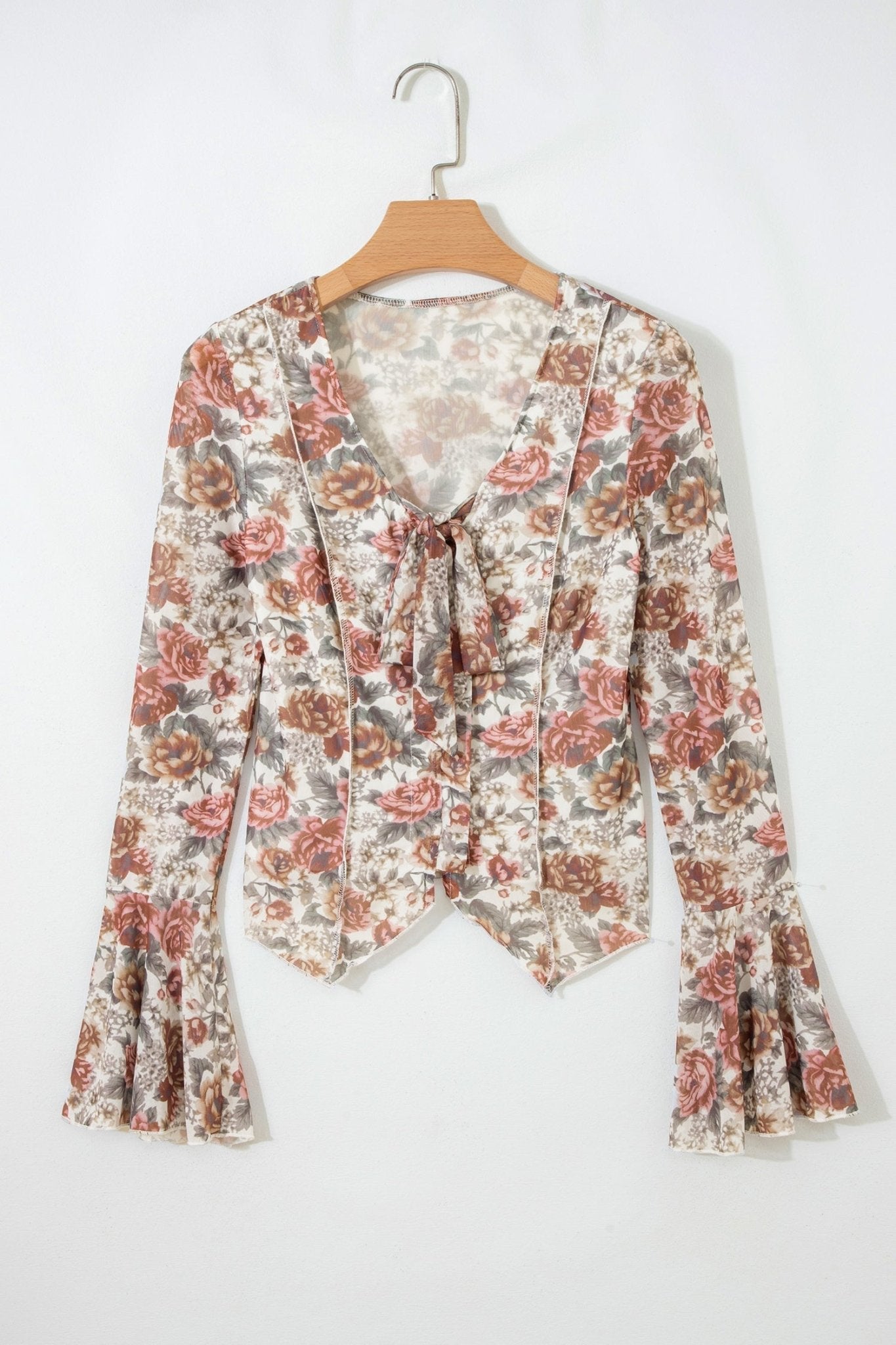 Floral Tie V-Neck Long Bell Sleeve Blouse - Rooted & Reckless Co.