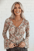 Floral Tie V-Neck Long Bell Sleeve Blouse - Rooted & Reckless Co.
