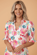 Floral Tie V-Neck Puff Sleeve Blouse - Rooted & Reckless Co.