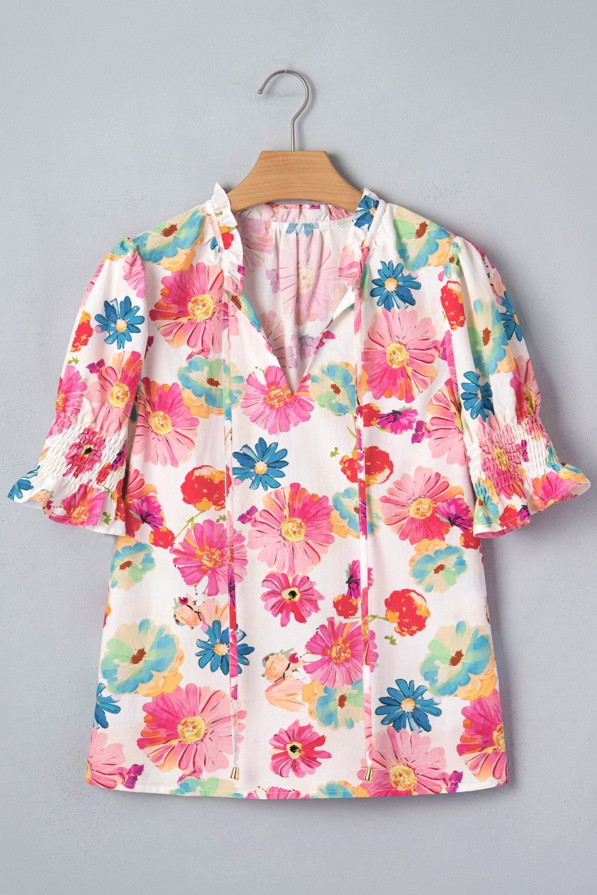 Floral Tie V-Neck Puff Sleeve Blouse - Rooted & Reckless Co.
