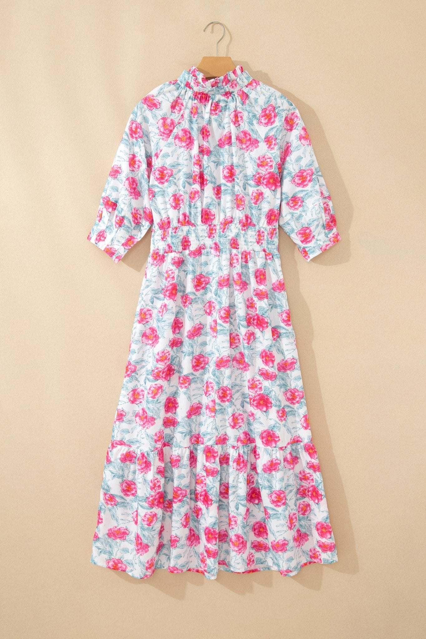 Floral Tie V-Neck Puff Sleeve Midi Dress - Rooted & Reckless Co.