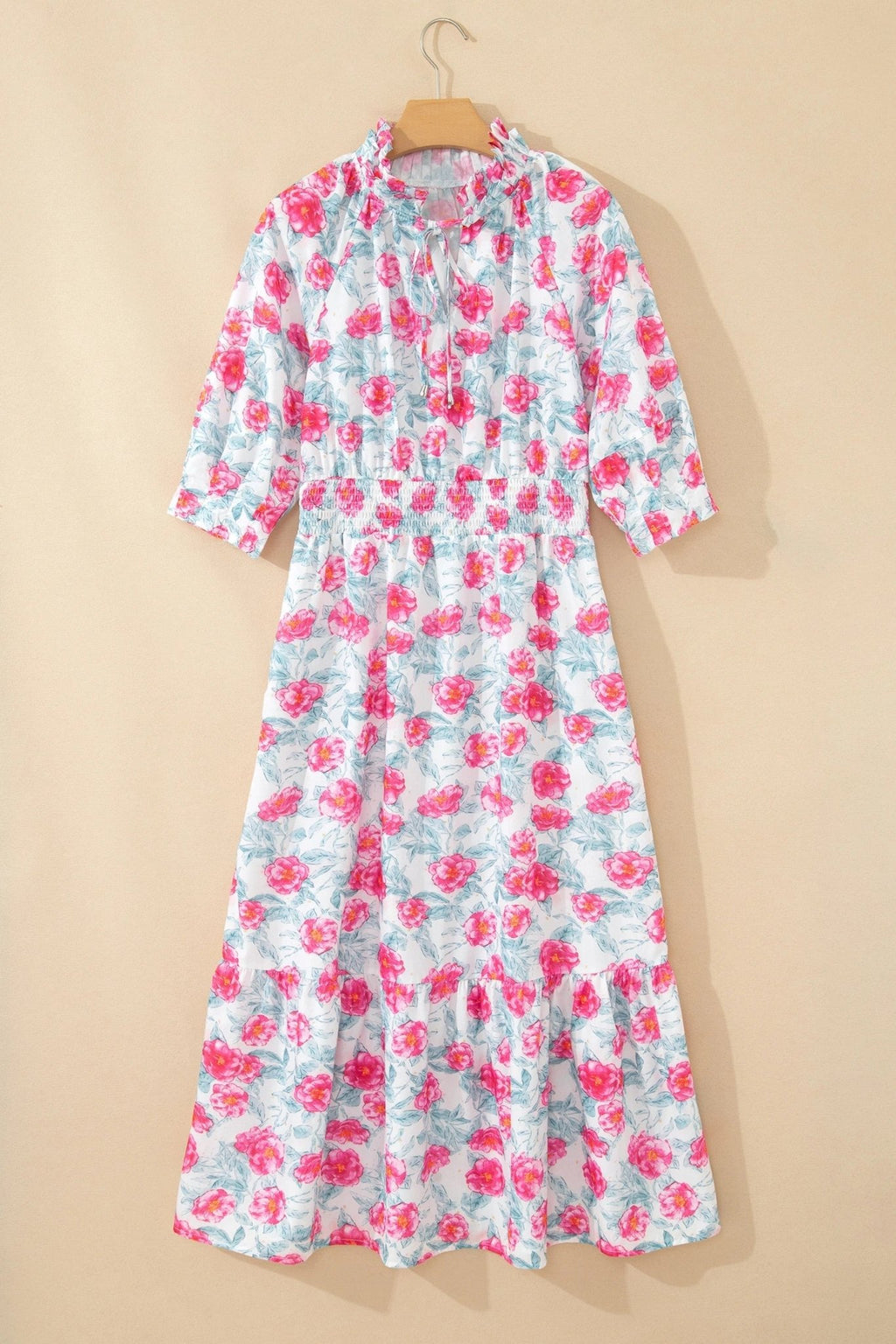Floral Tie V-Neck Puff Sleeve Midi Dress - Rooted & Reckless Co.