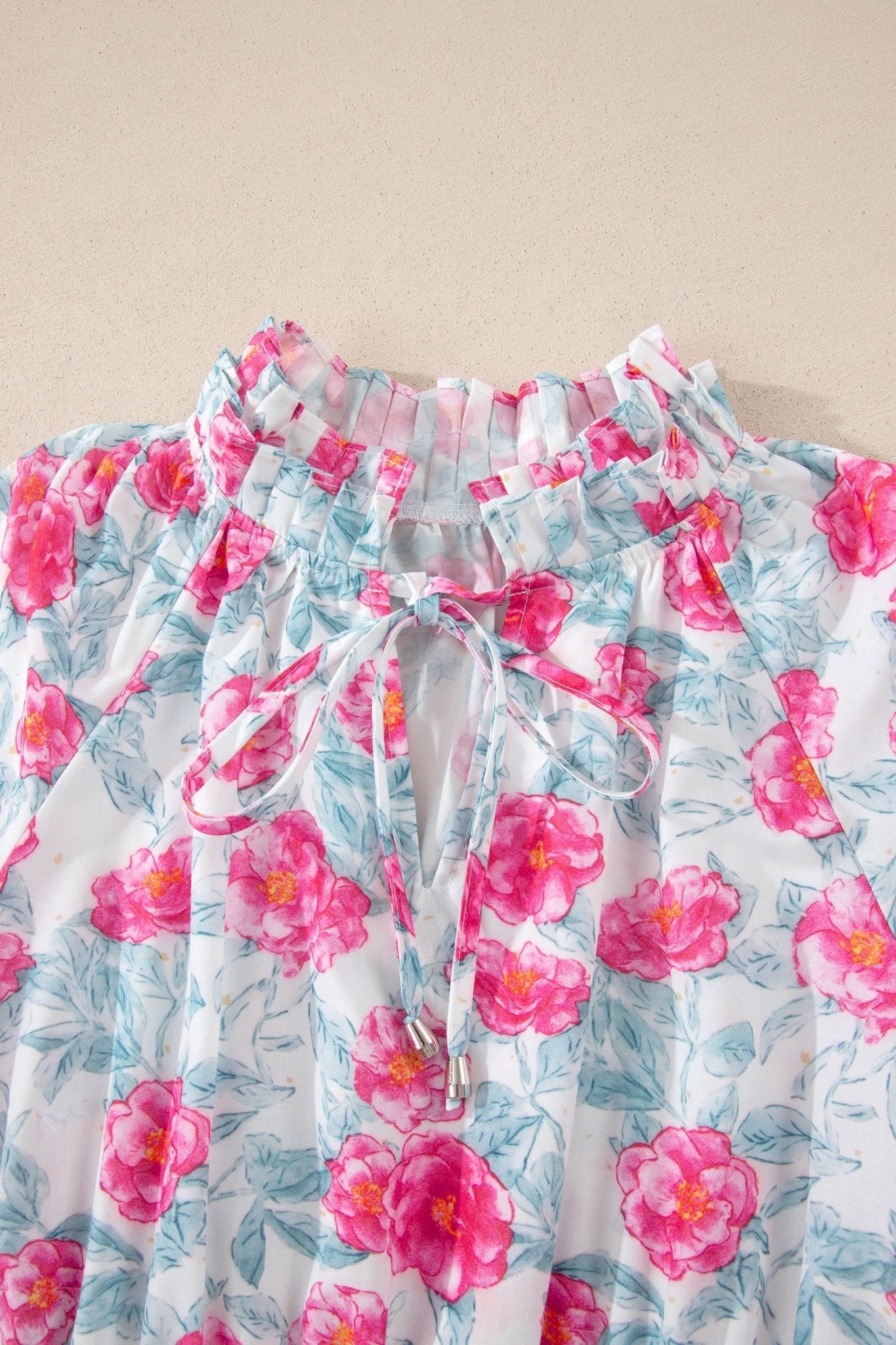 Floral Tie V-Neck Puff Sleeve Midi Dress - Rooted & Reckless Co.