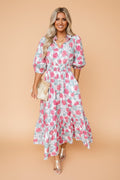 Floral Tie V-Neck Puff Sleeve Midi Dress - Rooted & Reckless Co.