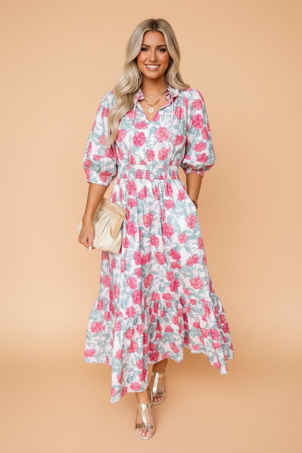 Floral Tie V-Neck Puff Sleeve Midi Dress - Rooted & Reckless Co.