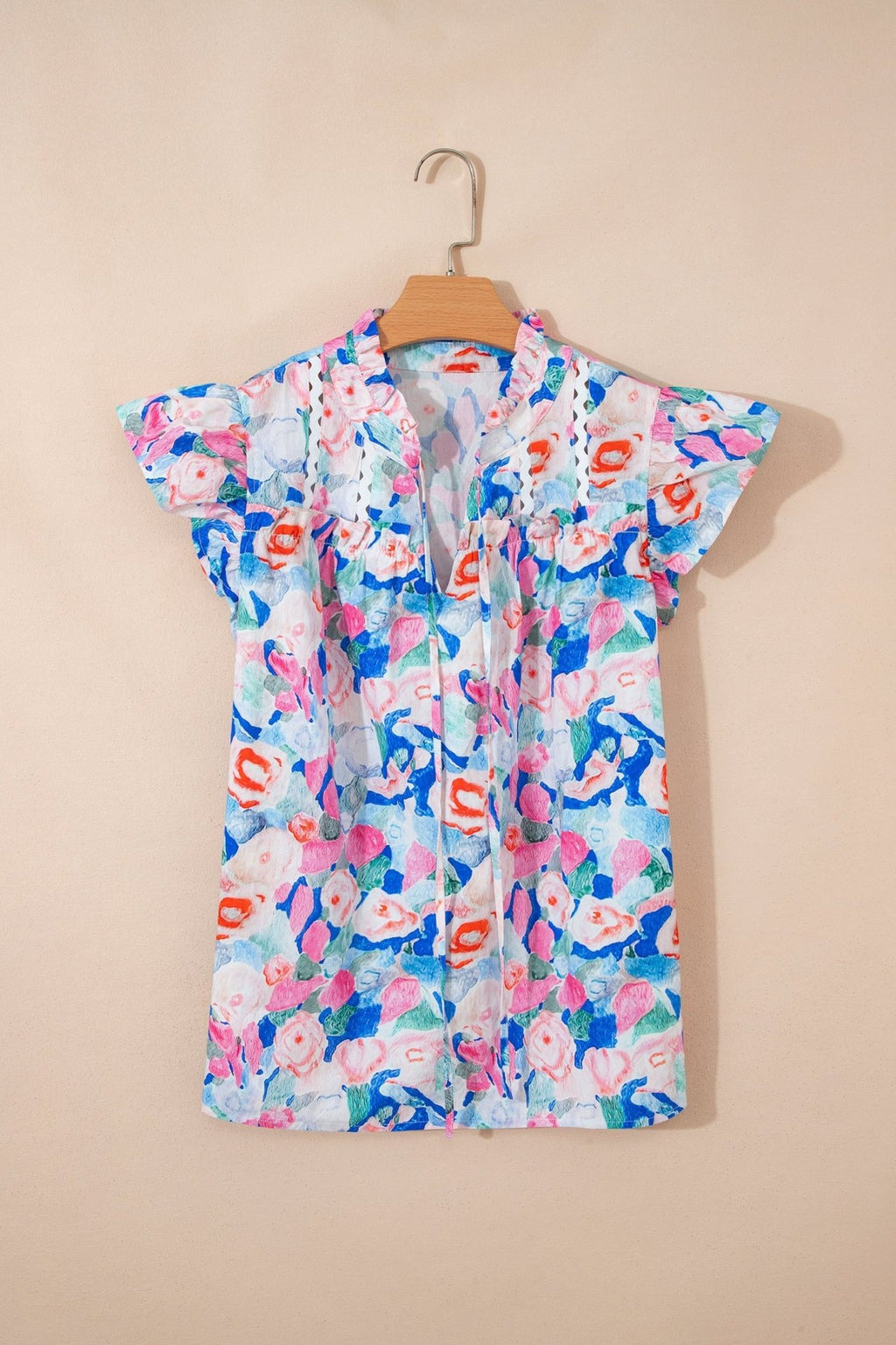 Floral Tie V-Neck Ruffle Short Sleeve Blouse - Rooted & Reckless Co.