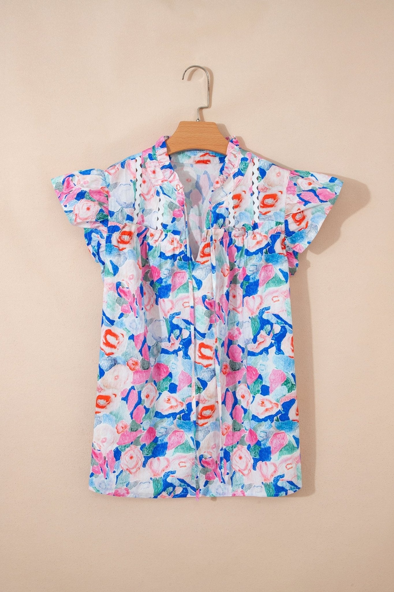 Floral Tie V-Neck Ruffle Short Sleeve Blouse - Rooted & Reckless Co.