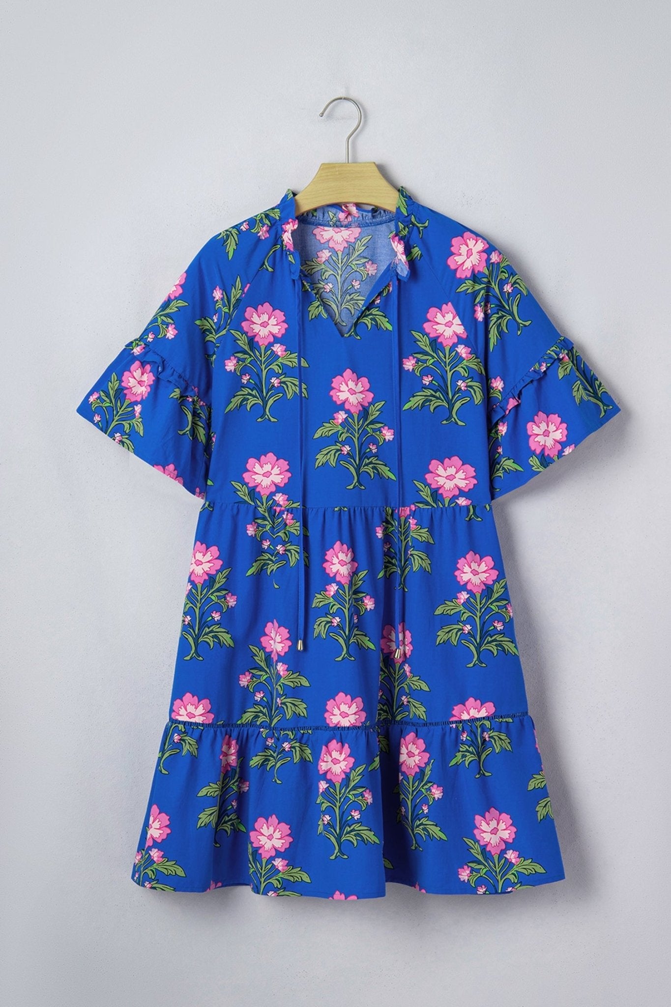 Floral Tie V-Neck Short Sleeve Mini Dress - Rooted & Reckless Co.