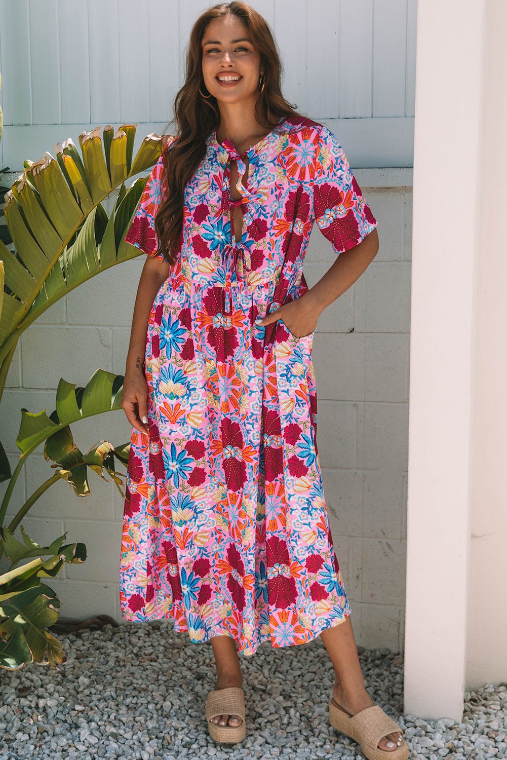 Floral Tied Front High Waist Short Sleeve Dress - Rooted & Reckless Co.