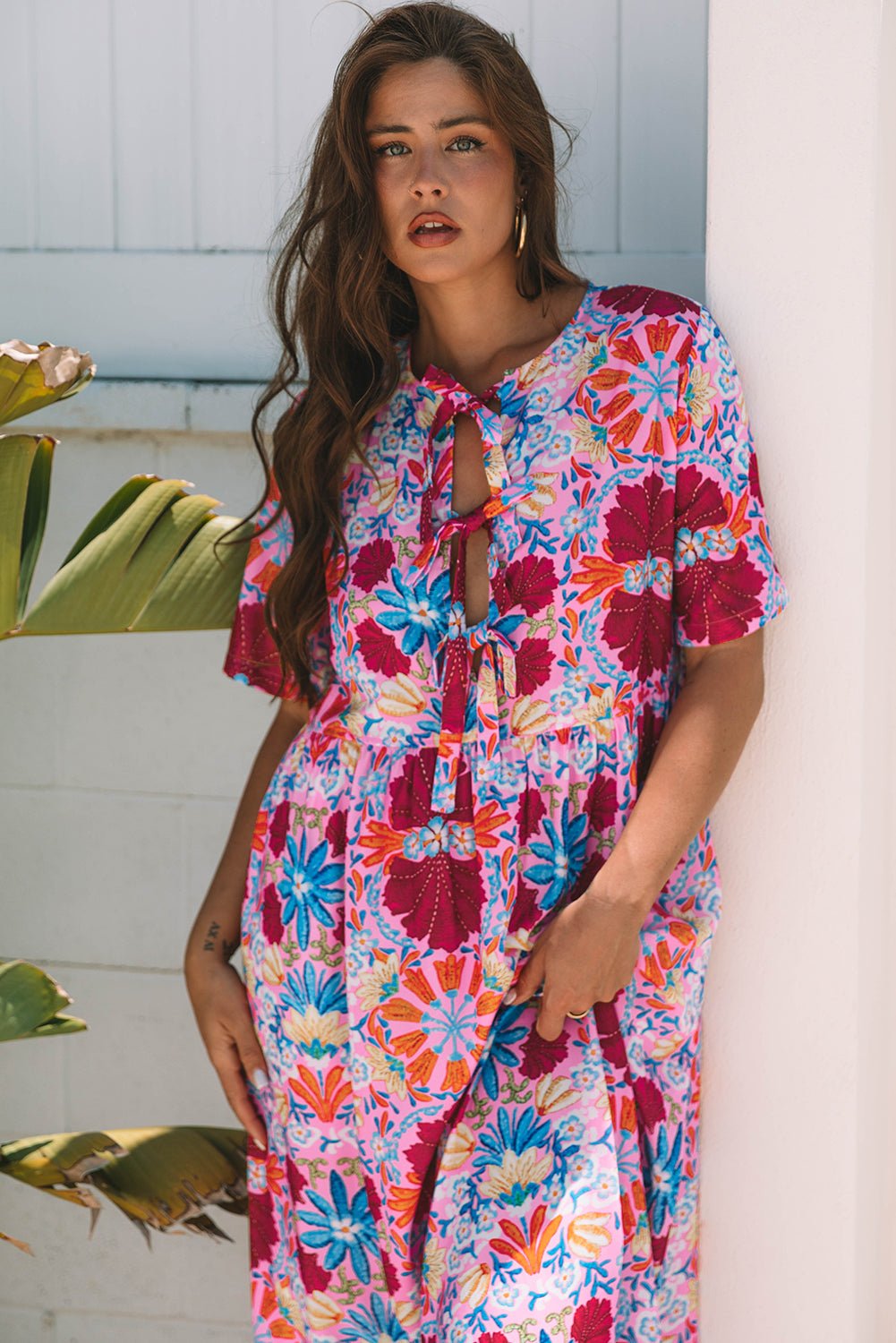 Floral Tied Front High Waist Short Sleeve Dress - Rooted & Reckless Co.