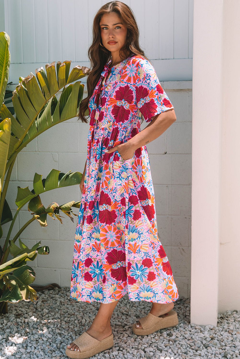 Floral Tied Front High Waist Short Sleeve Dress - Rooted & Reckless Co.