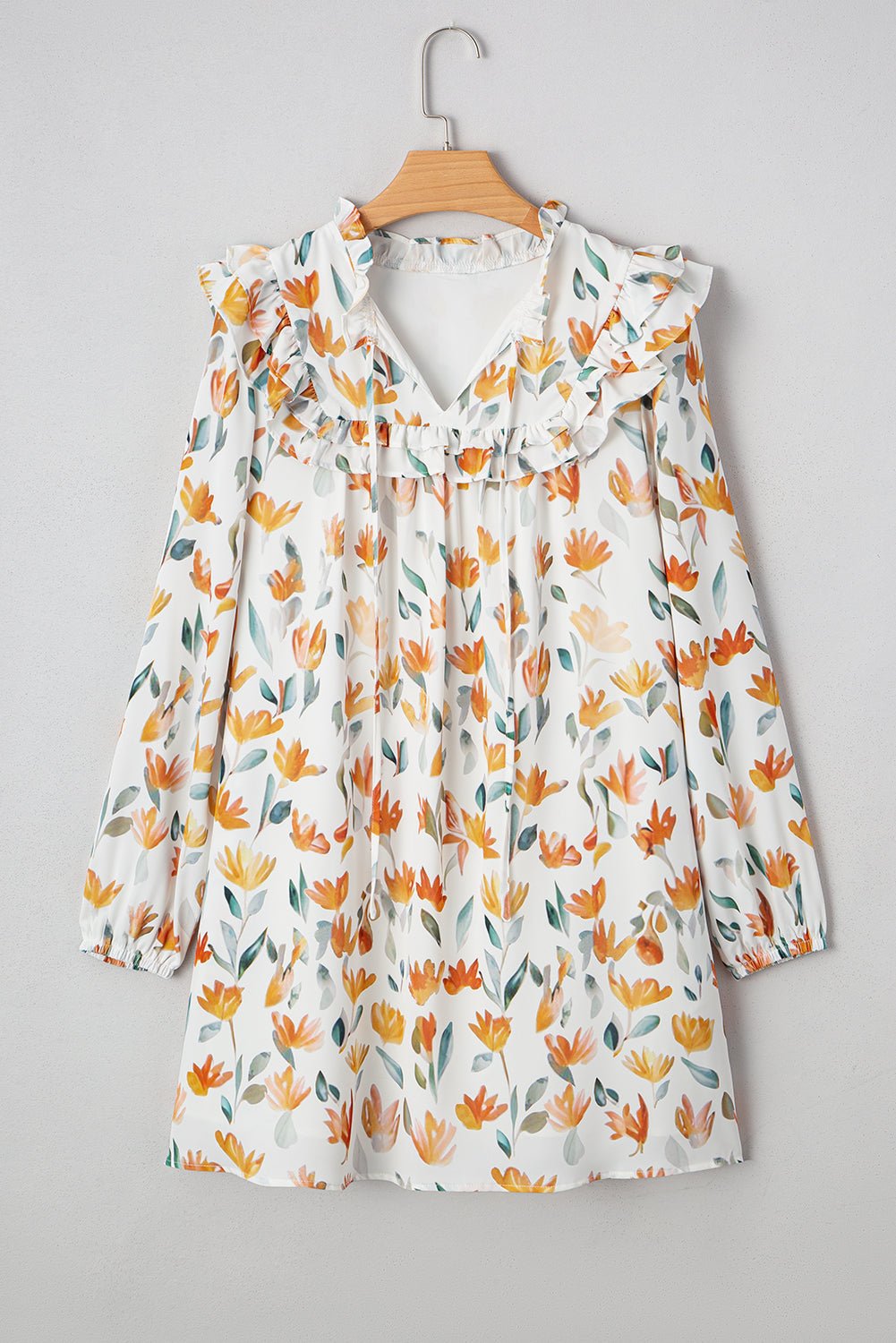 Floral Tied V-Neck Long Sleeve Mini Dress - Rooted & Reckless Co.