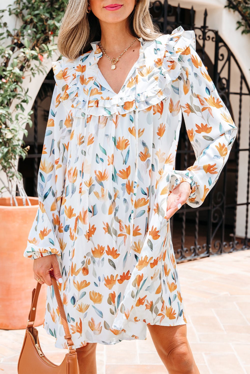 Floral Tied V-Neck Long Sleeve Mini Dress - Rooted & Reckless Co.