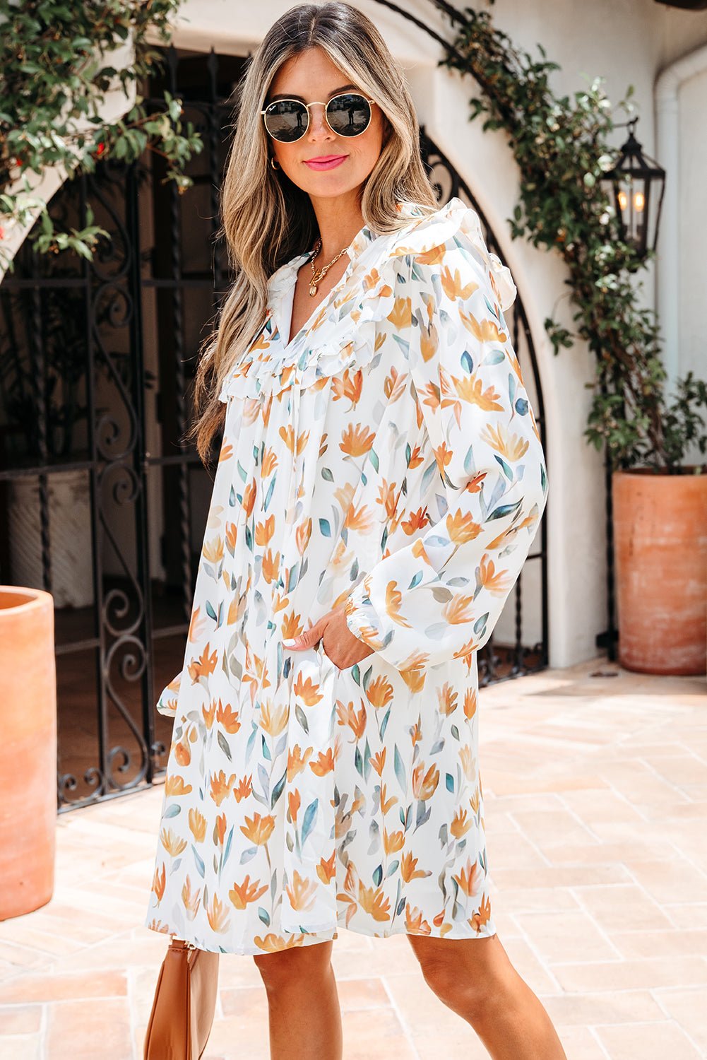 Floral Tied V-Neck Long Sleeve Mini Dress - Rooted & Reckless Co.
