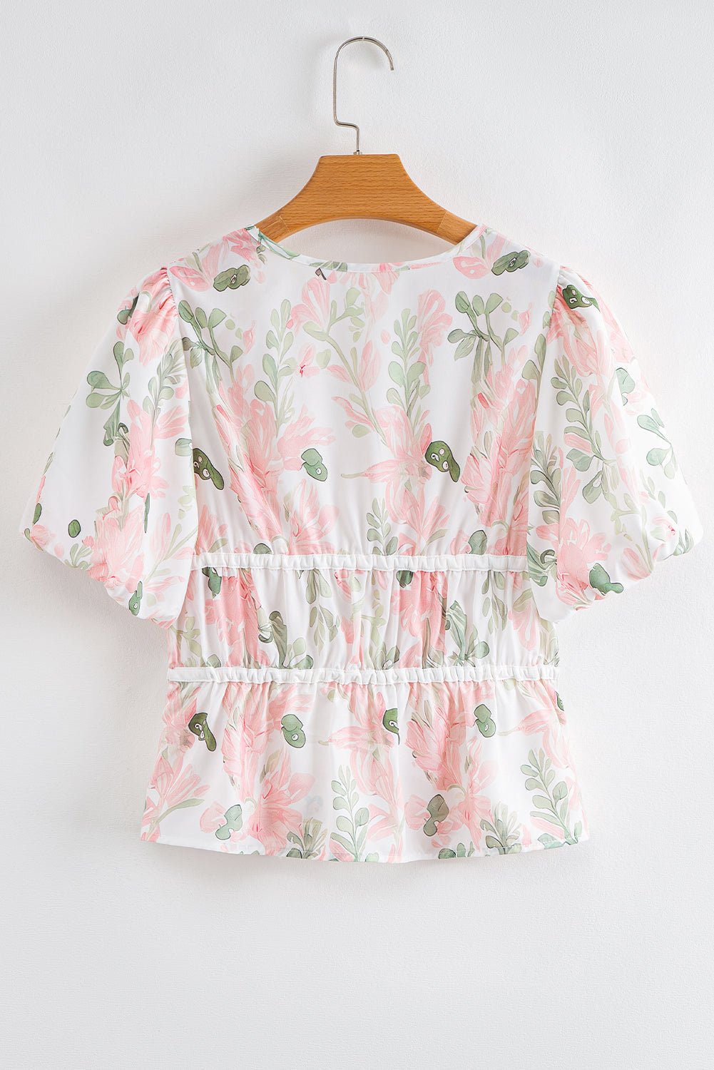 Floral Tied V-Neck Puff Sleeve Peplum Blouse - Rooted & Reckless Co.