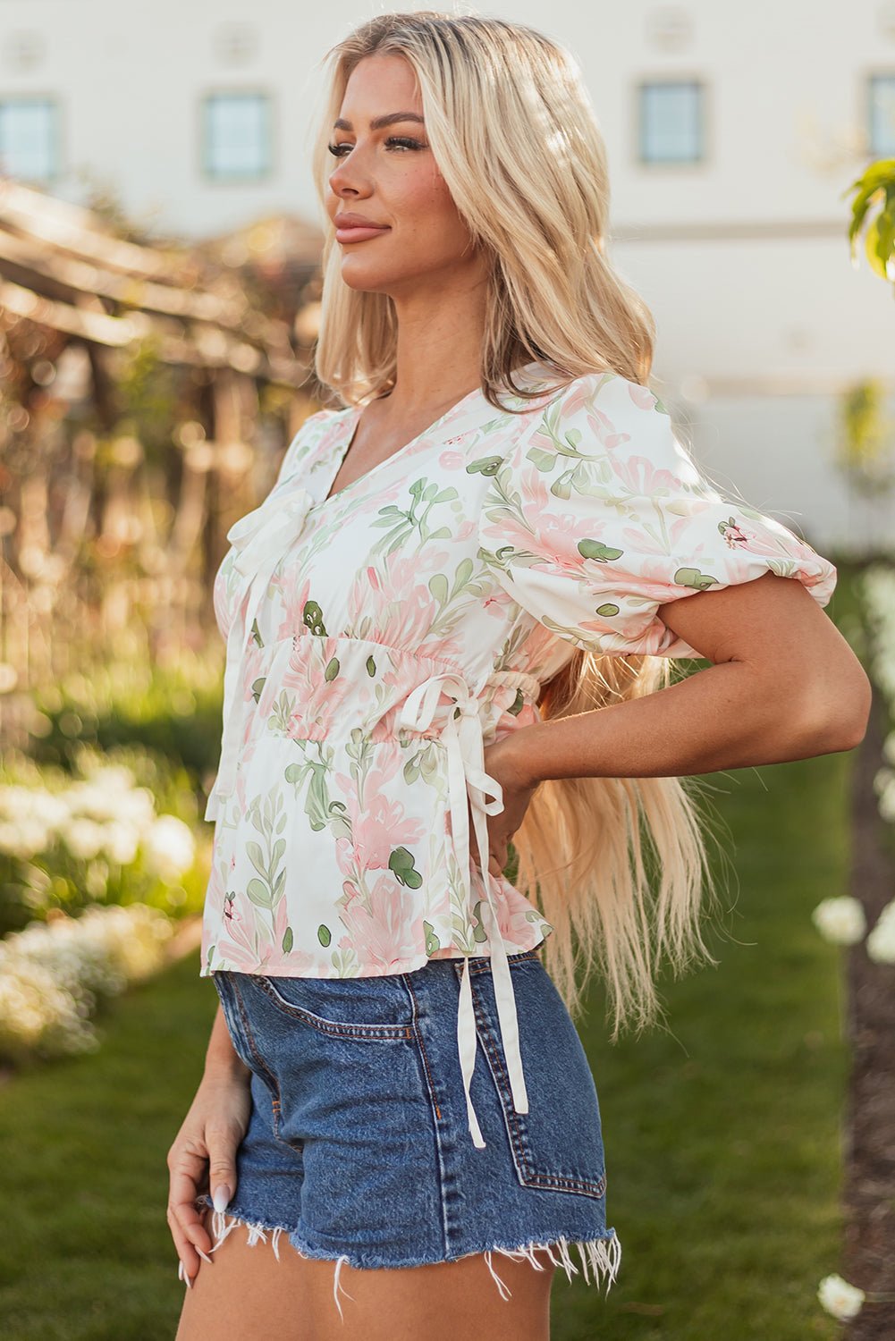 Floral Tied V-Neck Puff Sleeve Peplum Blouse - Rooted & Reckless Co.
