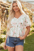 Floral Tied V-Neck Puff Sleeve Peplum Blouse - Rooted & Reckless Co.