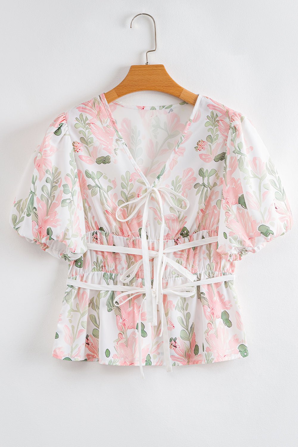 Floral Tied V-Neck Puff Sleeve Peplum Blouse - Rooted & Reckless Co.