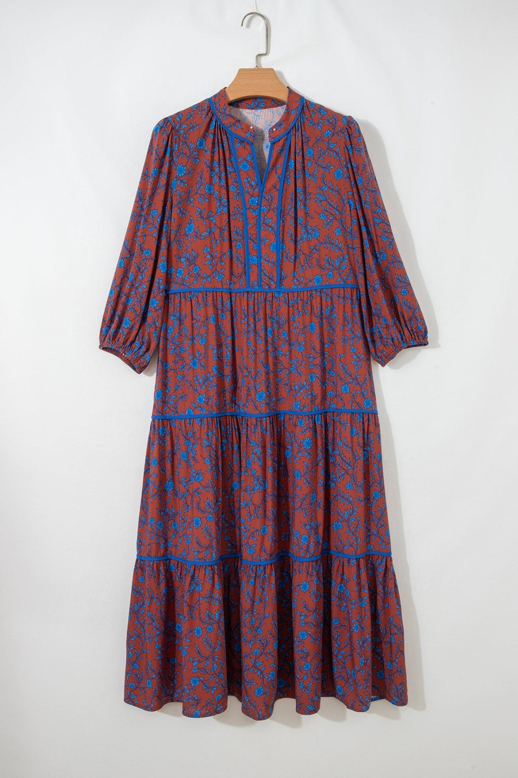 Floral Tiered 3/4 Puff Sleeve Midi Dress - Rooted & Reckless Co.