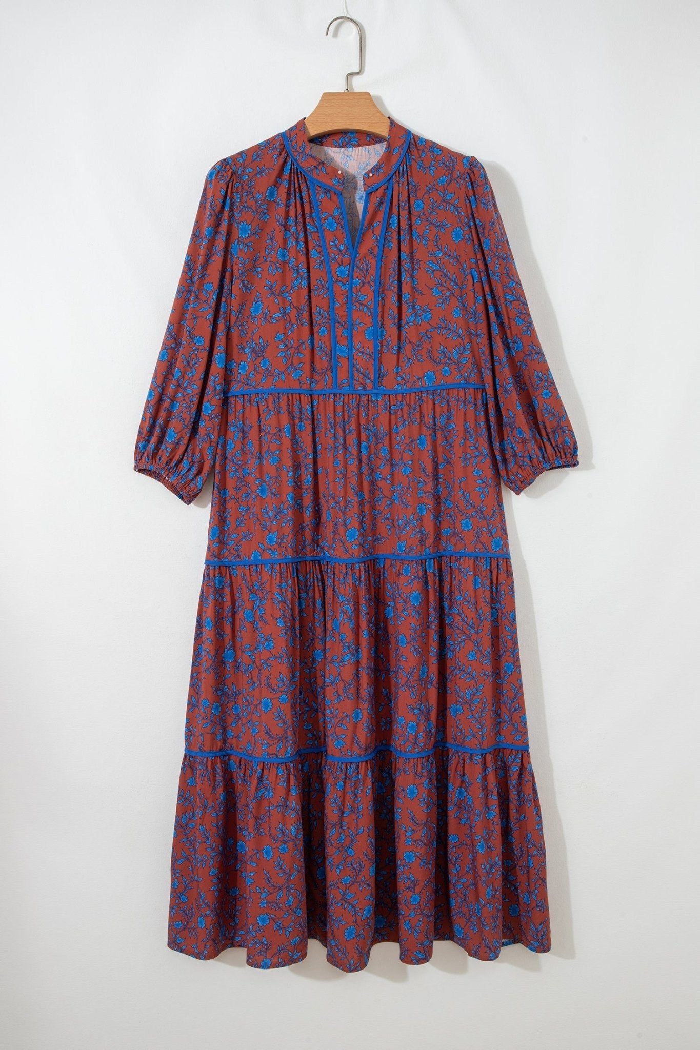 Floral Tiered 3/4 Puff Sleeve Midi Dress - Rooted & Reckless Co.