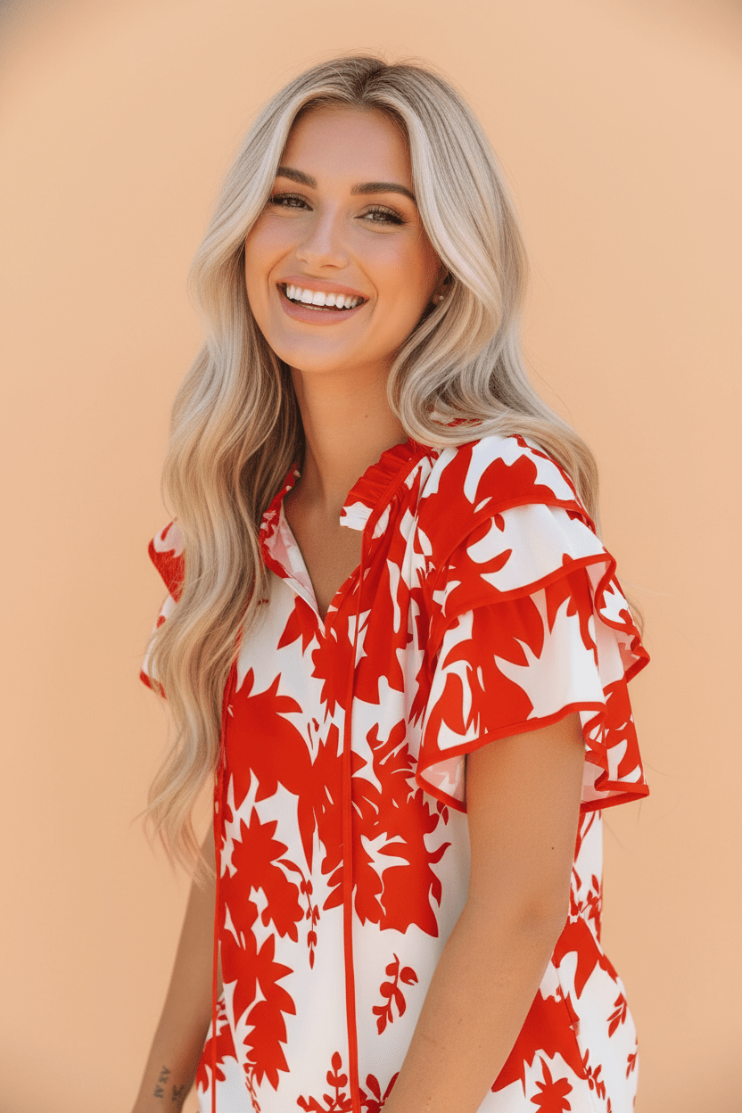 Floral Tiered Ruffle Sleeve V-Neck Blouse - Rooted & Reckless Co.