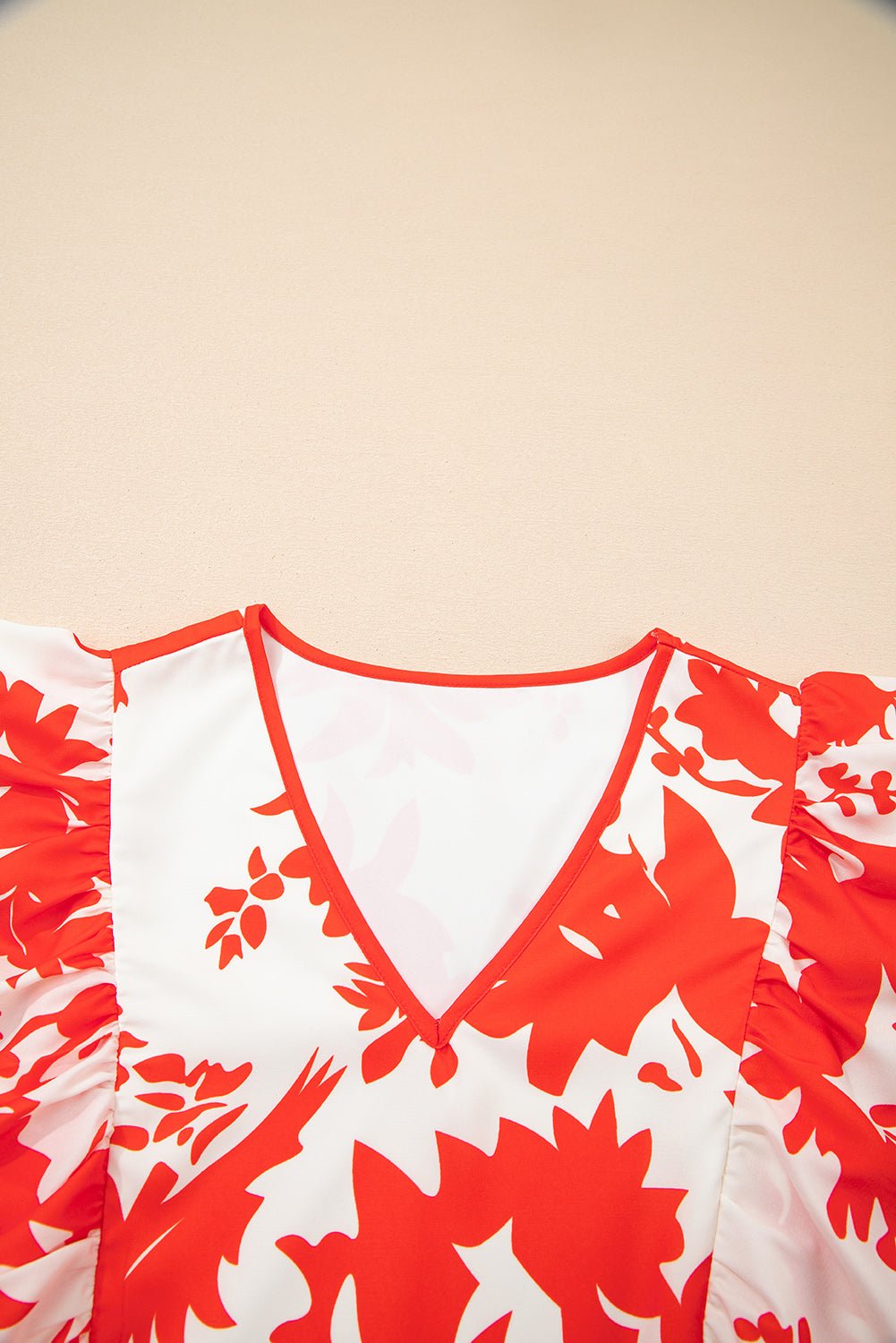 Floral Trim V-Neck Ruffle Sleeve Midi Dress - Rooted & Reckless Co.
