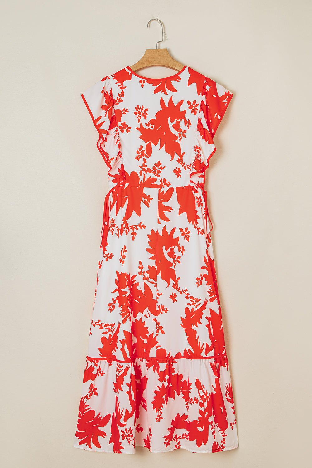 Floral Trim V-Neck Ruffle Sleeve Midi Dress - Rooted & Reckless Co.