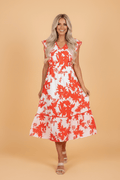 Floral Trim V-Neck Ruffle Sleeve Midi Dress - Rooted & Reckless Co.