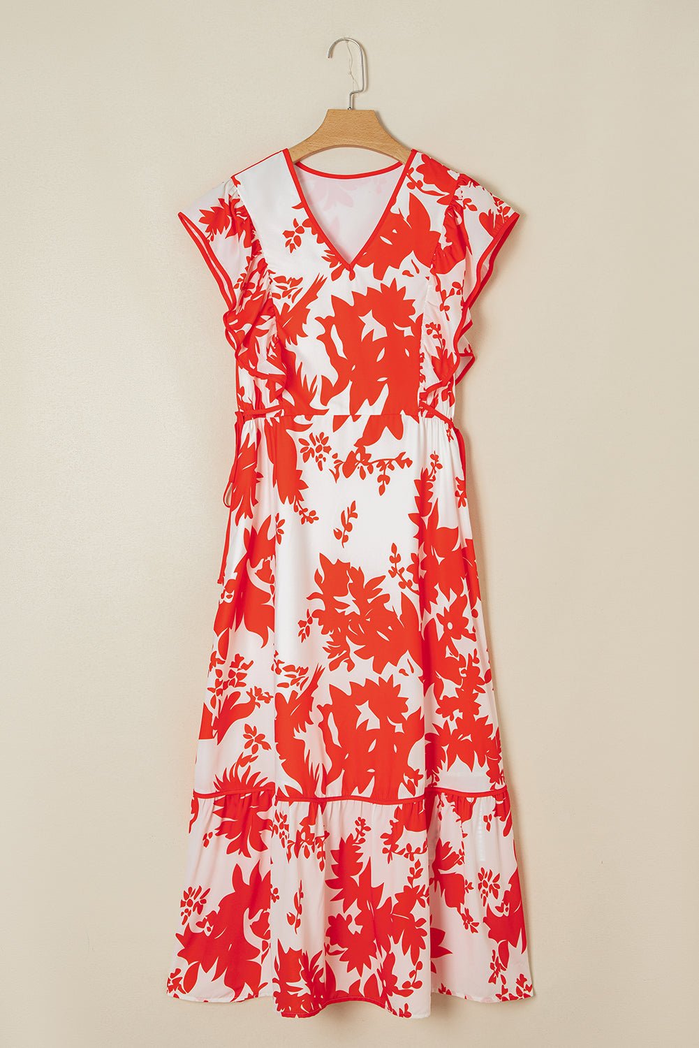 Floral Trim V-Neck Ruffle Sleeve Midi Dress - Rooted & Reckless Co.