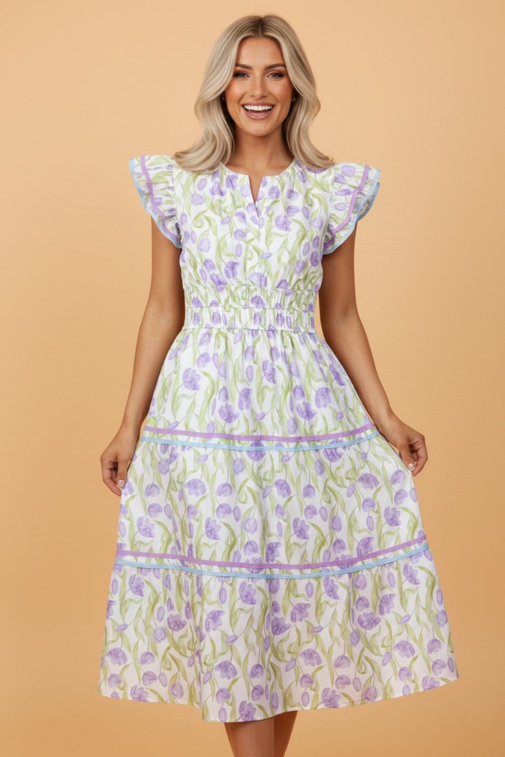 Floral Tulip Contrast Trim Midi Dress - Rooted & Reckless Co.