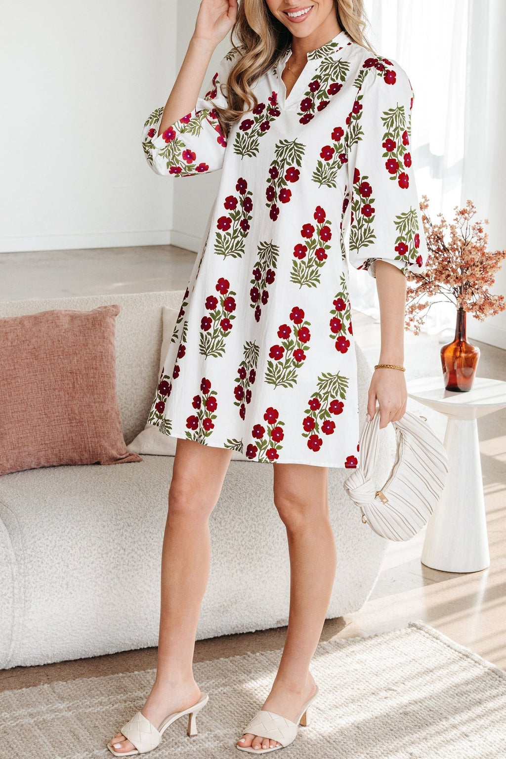 Floral V-Neck 3/4 Puff Sleeve Mini Dress - Rooted & Reckless Co.