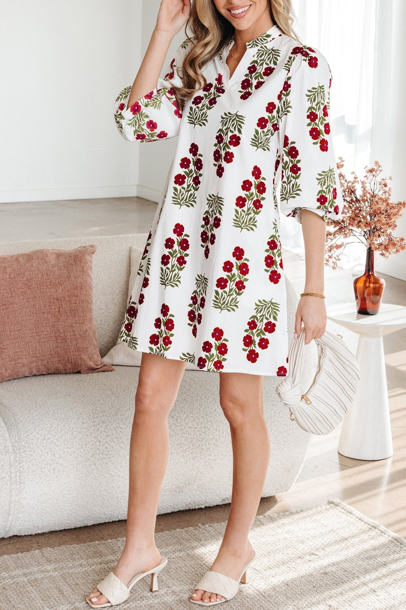 Floral V-Neck 3/4 Puff Sleeve Mini Dress - Rooted & Reckless Co.