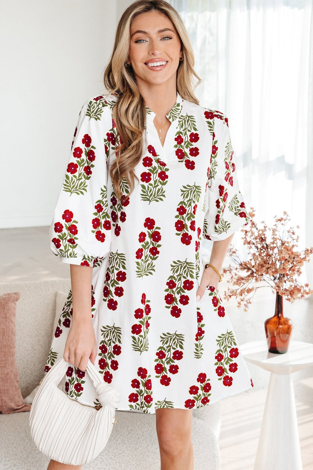 Floral V-Neck 3/4 Puff Sleeve Mini Dress - Rooted & Reckless Co.