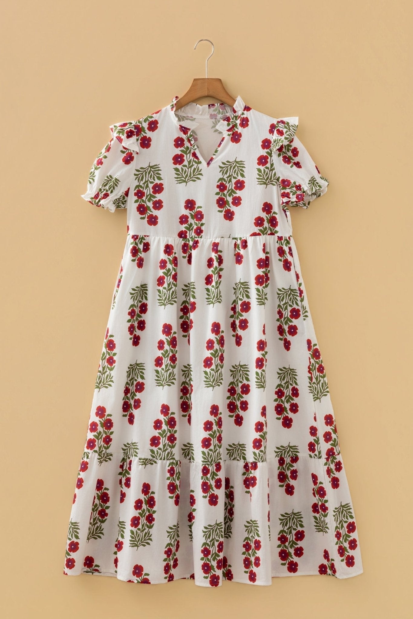 Floral V-Neck 3/4 Puff Sleeve Mini Dress - Rooted & Reckless Co.