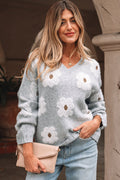 Floral V-Neck Drop Shoulder Baggy Sweater - Rooted & Reckless Co.