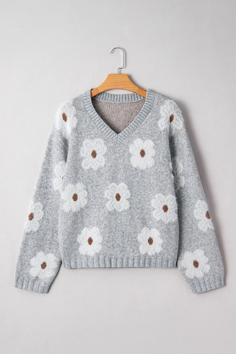 Floral V-Neck Drop Shoulder Baggy Sweater - Rooted & Reckless Co.