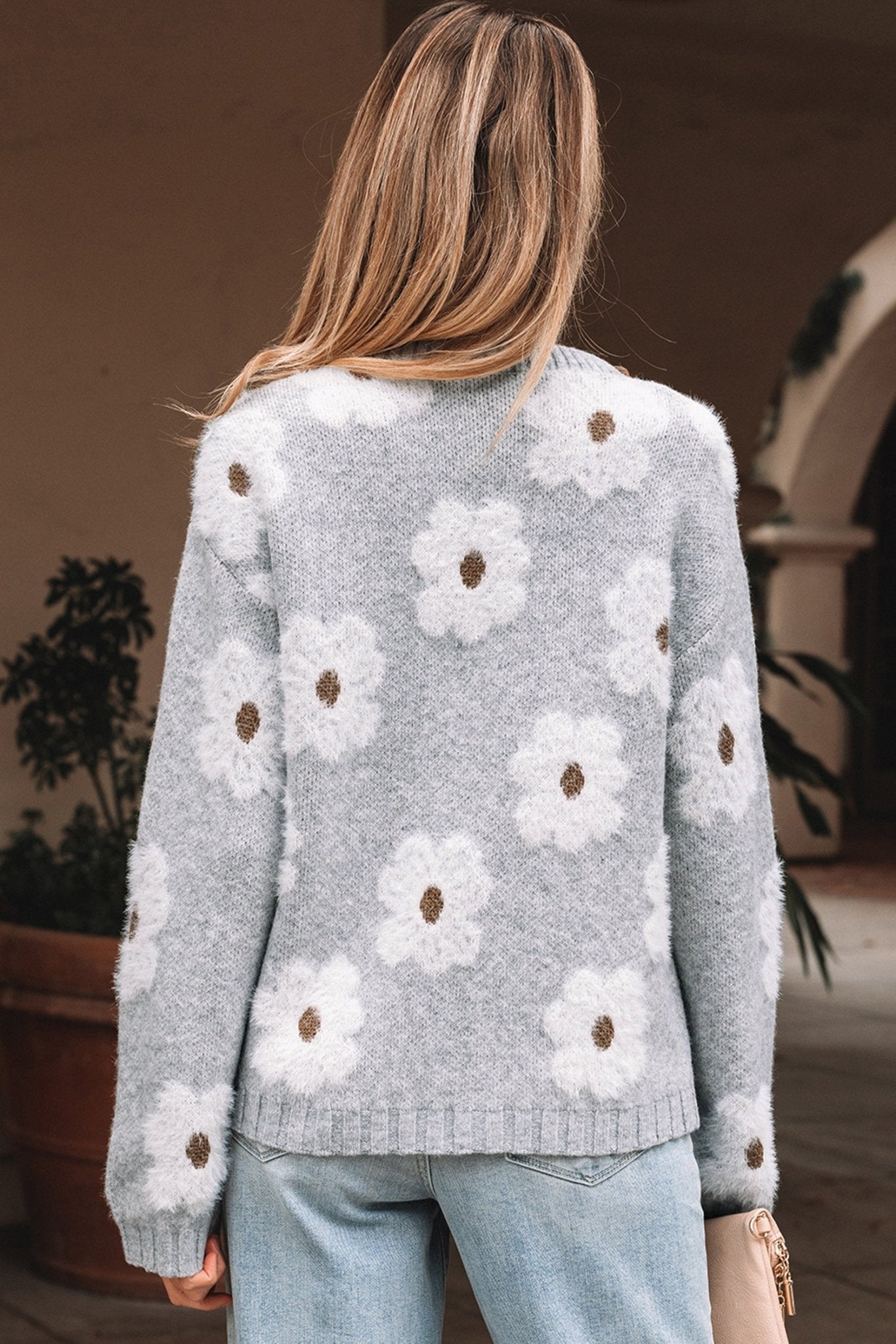 Floral V-Neck Drop Shoulder Baggy Sweater - Rooted & Reckless Co.