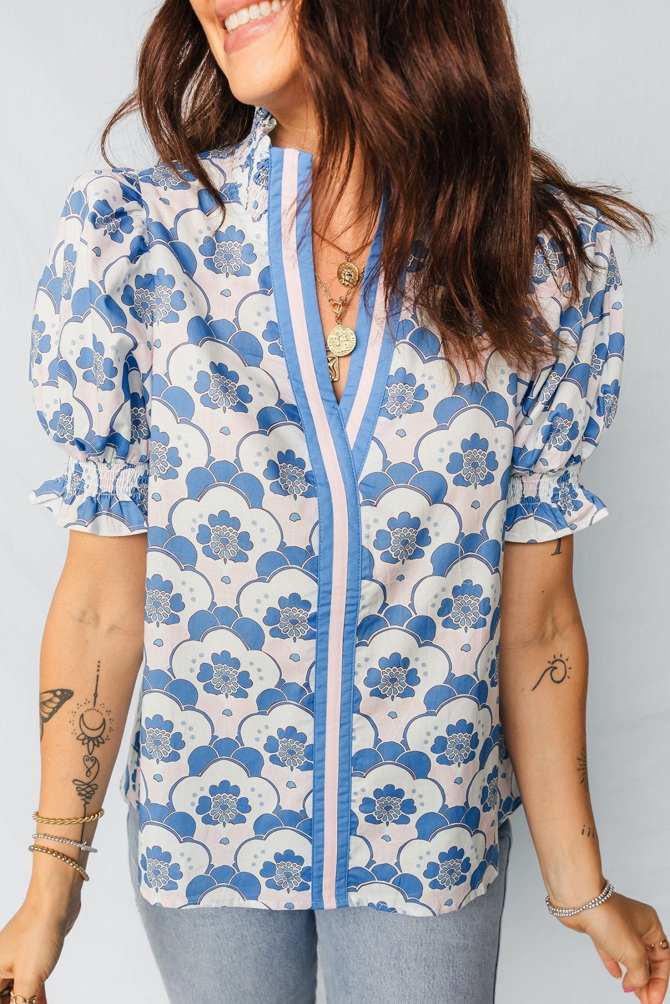 Floral V-Neck Flounced Short Sleeve Blouse - Rooted & Reckless Co.