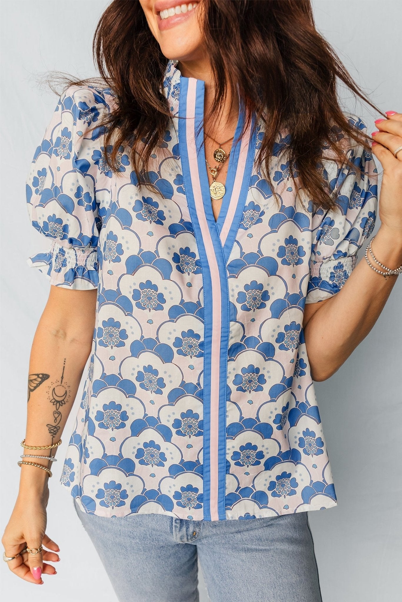 Floral V-Neck Flounced Short Sleeve Blouse - Rooted & Reckless Co.