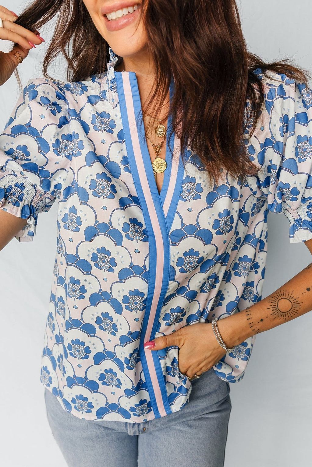 Floral V-Neck Flounced Short Sleeve Blouse - Rooted & Reckless Co.