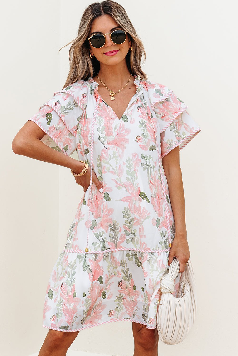 Floral V-Neck Layered Short Sleeve Mini Dress - Rooted & Reckless Co.