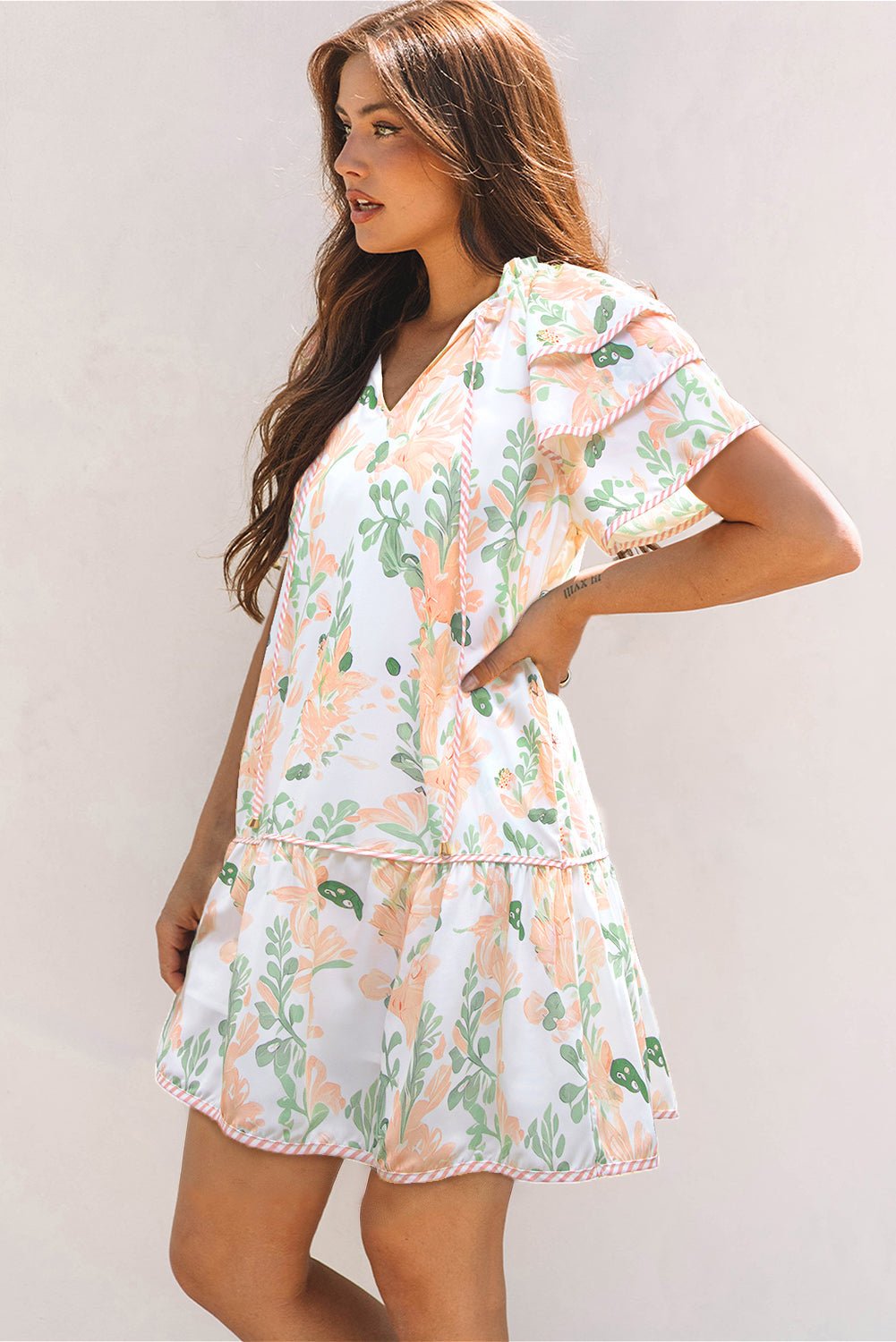 Floral V-Neck Layered Short Sleeve Mini Dress - Rooted & Reckless Co.